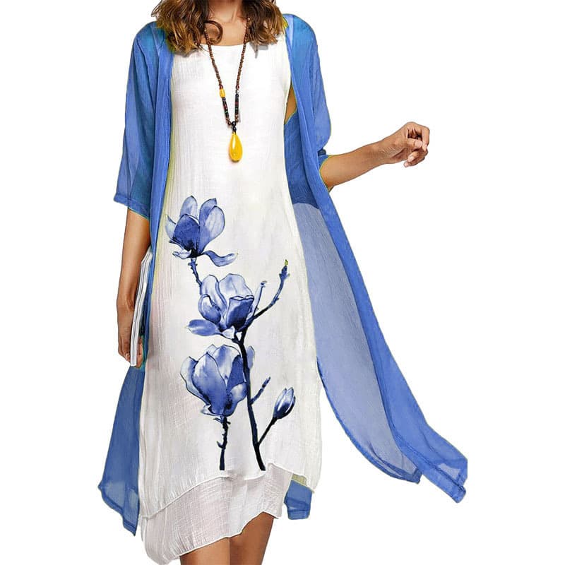 2025 European and American Amazon new summer women's casual dress two-piece printed round neck slim long skirt