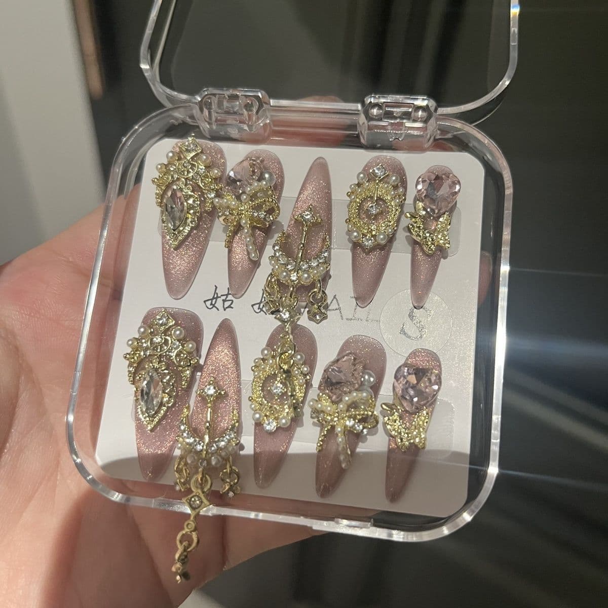 Wearable Nail Art Flake Style Celebrity Firework Handmade Pink Dust Niche Wearable Long Pointed