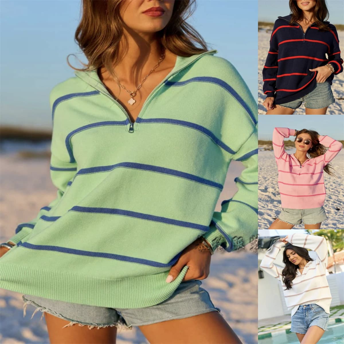 2026 Stripe Zipper Sweater Women's Set Autumn/Winter Knit Cross-border New European and American New Turn-down Collar Pullover Sweater