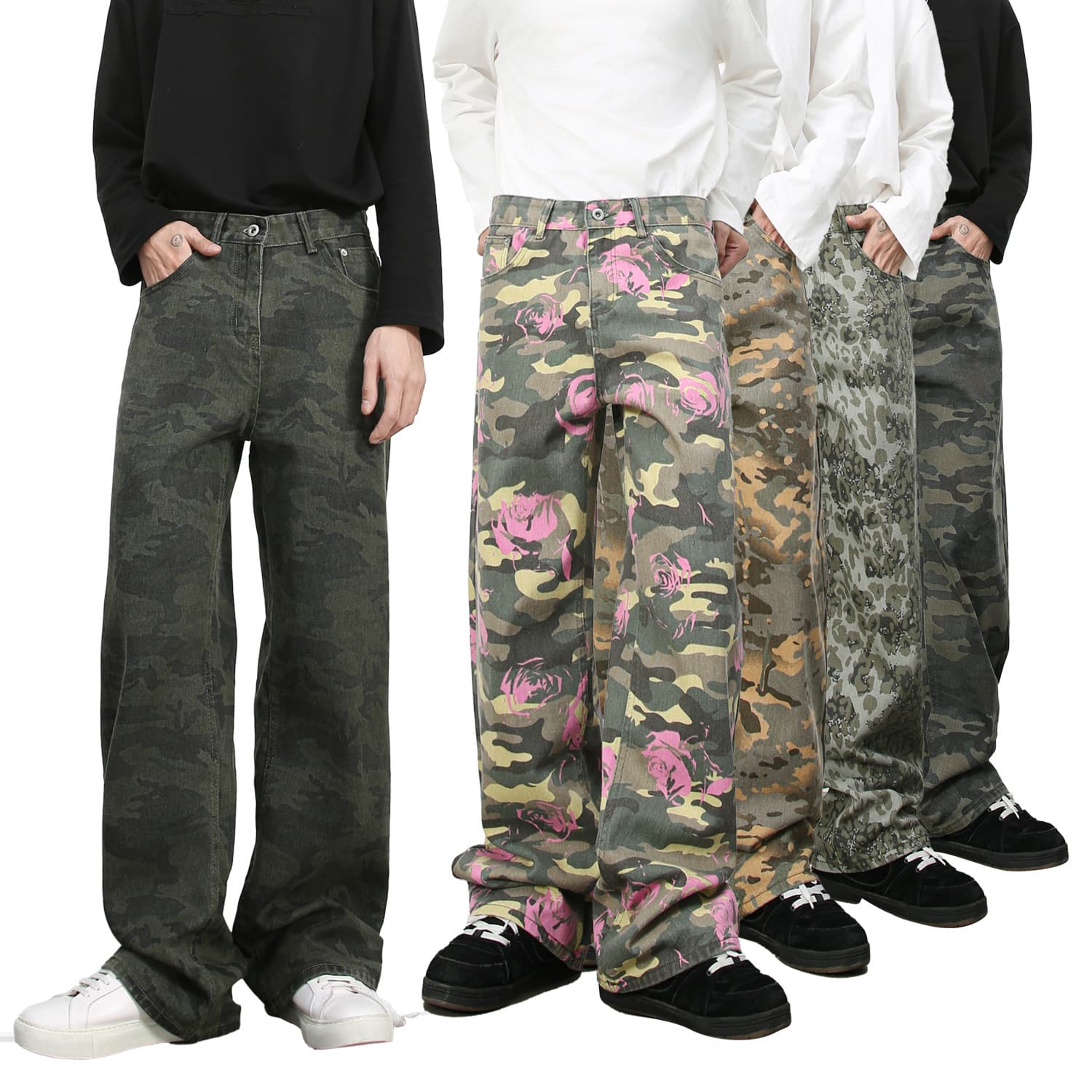 nirben denim | New American fashion brand camouflage jeans for men ins loose straight wide leg casual trousers