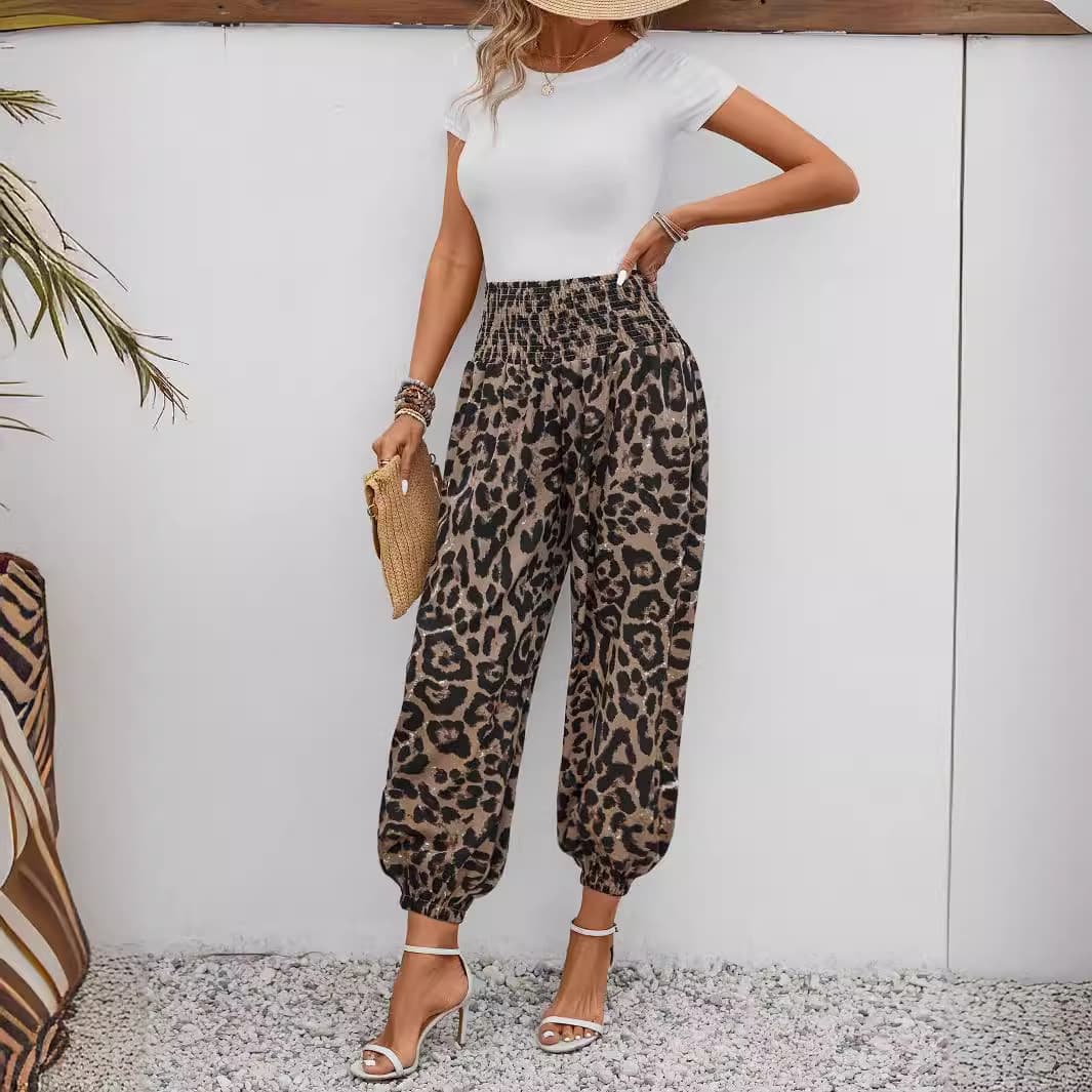 In Stock Amazon Cross-Border Women's Fashion European & American INS Trendy Leopard Print Casual Elastic Waist Wide Pocket Drawstring Ankle Pants