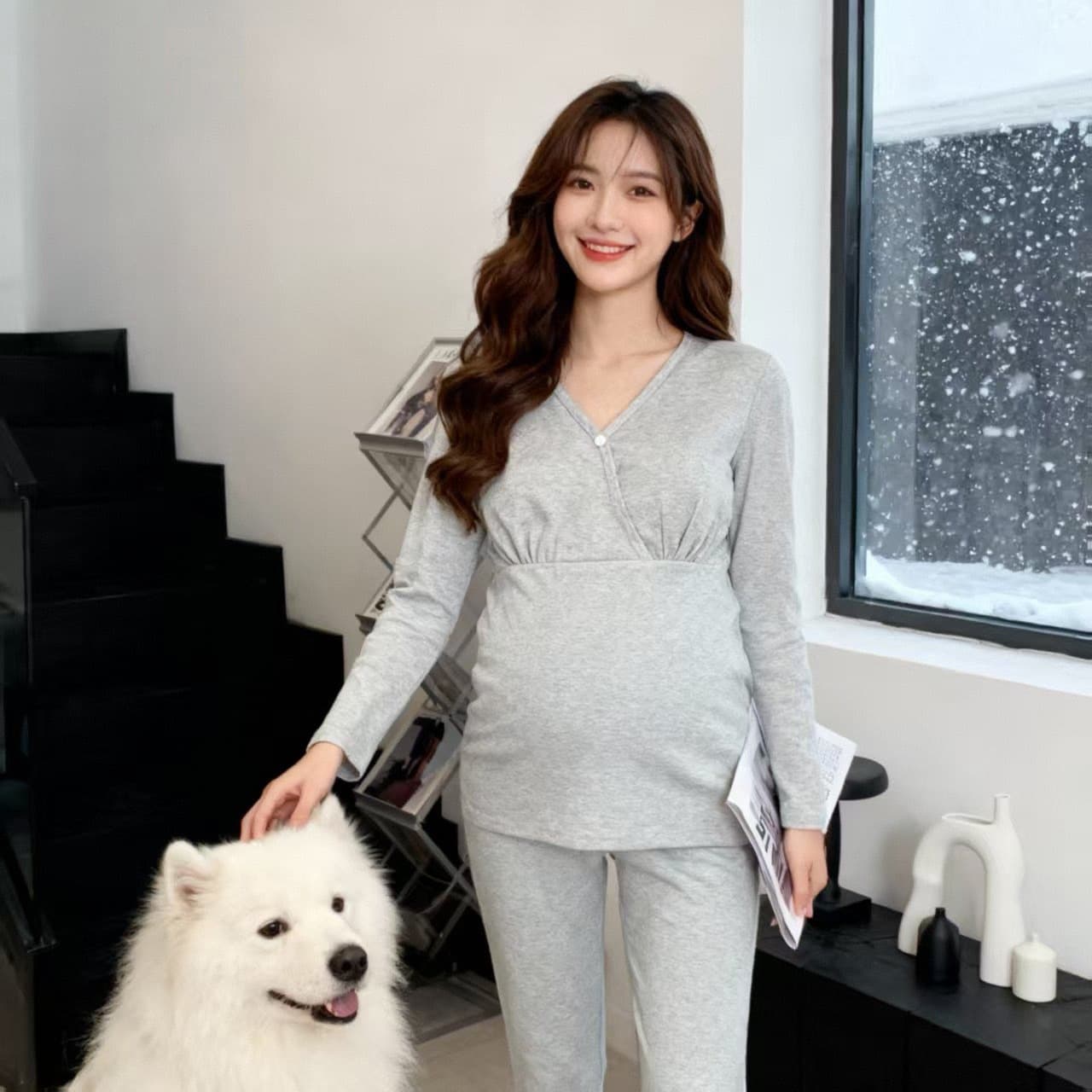 Colored Yarn Cotton Thickened Cross Nursing Lounge Set, Wire-Free, Plus Size, Maternity & Nursing Wear