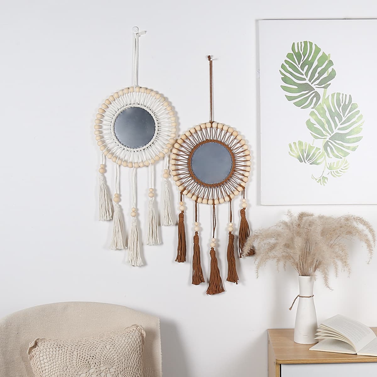 Bohemian Style Wood Bead Cotton Rope Tassel Mirror Small Hanging Ornament Home Wall Decorative Craft Mirror
