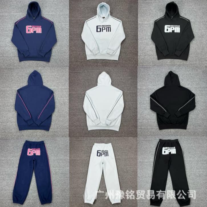 Cross-border foreign trade trendy brand 6PM embroidered letters hip-hop plus velvet pullover hooded sweatshirt and sweatpants loose casual suit