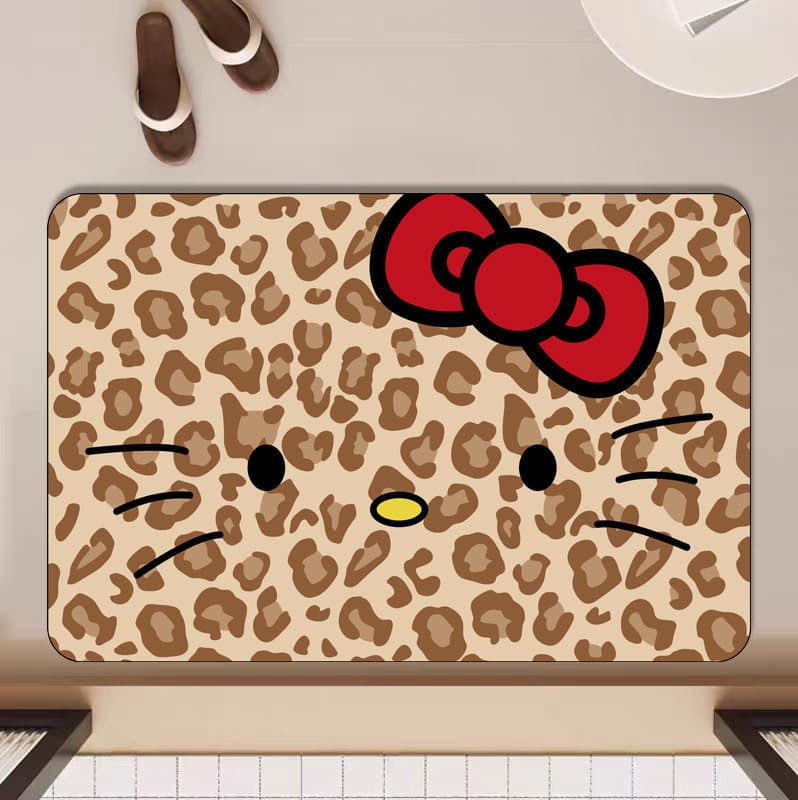 Cute Retro Leopard Print KT Cat Diatomaceous Earth Floor Mat Household Bathroom Absorbent Non-Slip Foot Mat Quick-Dry Easy-Care Door Mat