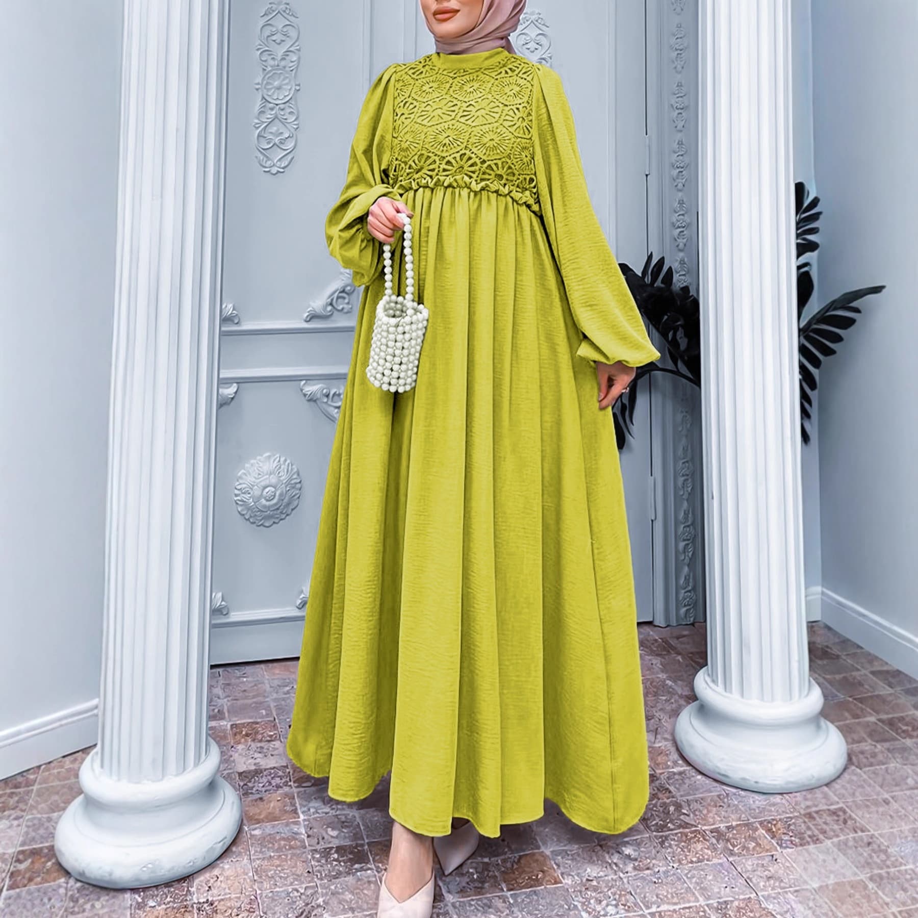 Women's Deep Purple Long Sleeve Lace Patchwork Dress Loose Slimming Elegant Gown Wholesale Ethnic Style