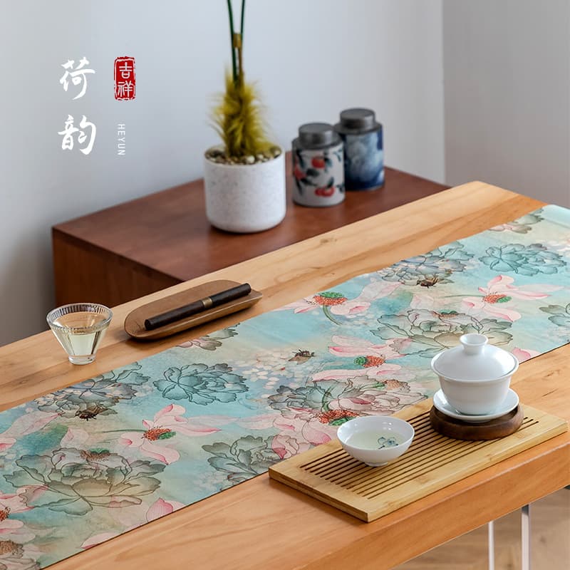 Waterproof Tea Mat, Chinese Double-sided Tea Pad, Fabric Table Flag, Large Rectangular Tea Flag, Tea Table, Light Luxury Chinese Style Lotus