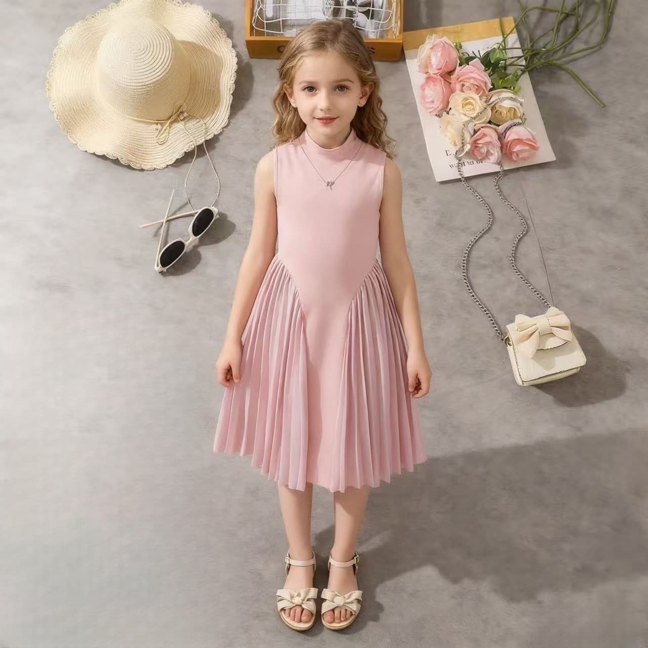 New Summer 2025 Girls' Dress, Export European and American Style, Elegant Pleated Patchwork Waist-Cinching Sleeveless Formal Dress