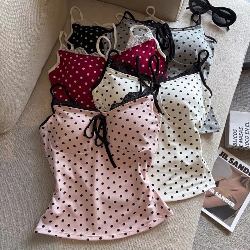 Hot Girl Polka Dot Lace Trim Camisole with Chest Pads and Bow, Slim Fit, Flattering, Can Be Worn as an Inner or Outer Top