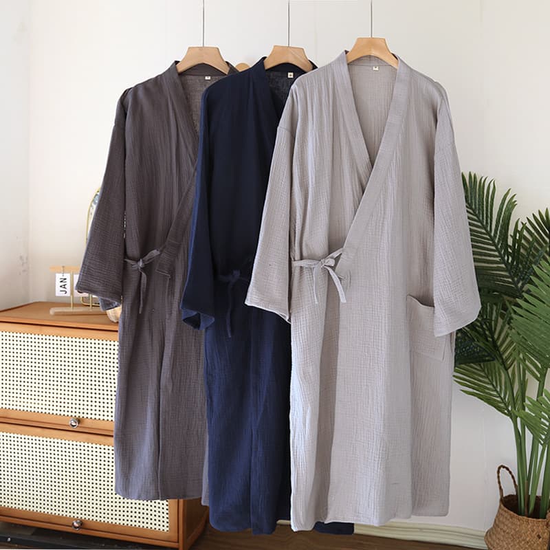Crepe 200g Japanese Gauze Men's Kimono Robe Spring/Autumn Sleepwear Plus Size Bathrobe Yukata Sauna Gown Nightgown