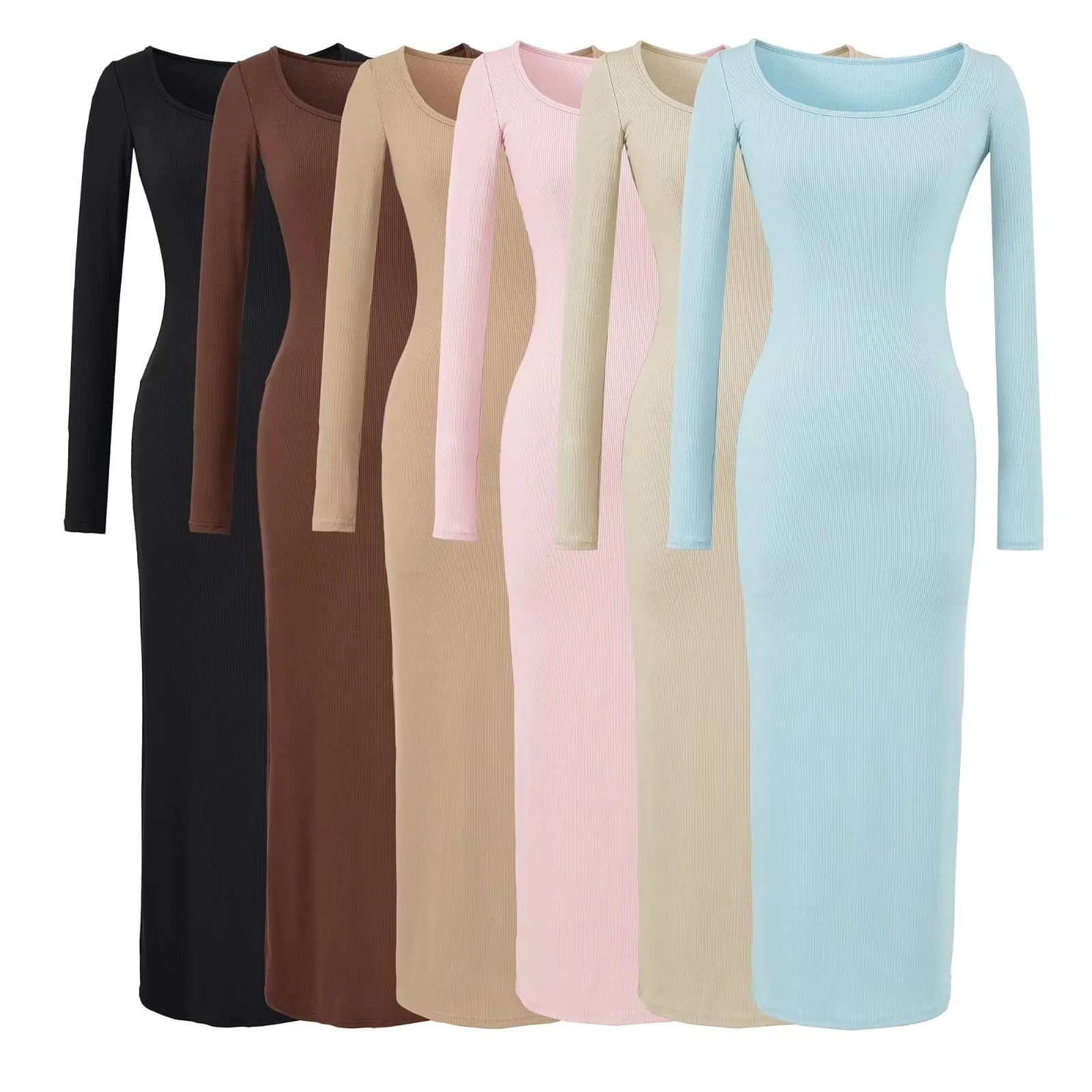 Korean Chic Sexy Slim Long Sleeve U-Neck Knit Dress, Minimalist American Style Bodycon Long Skirt
