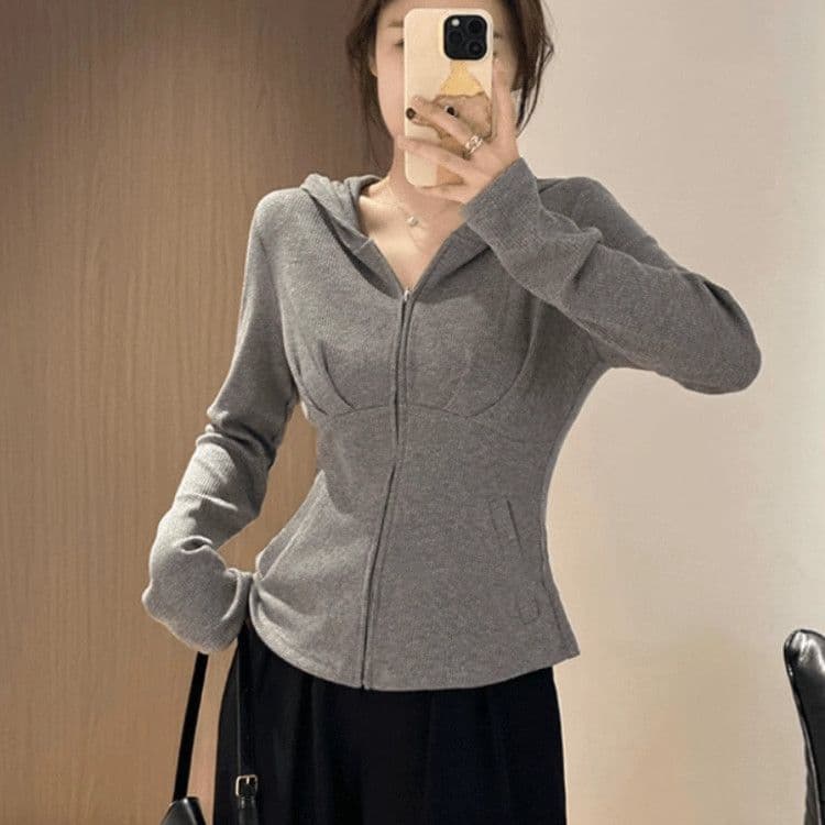 Plus Size Women's Clothing Autumn Top New Arrival, Flattering for Curvy Figures, Waist-Defining, Unique, Regular Shoulder Long Sleeve Hooded Cardigan Jacket