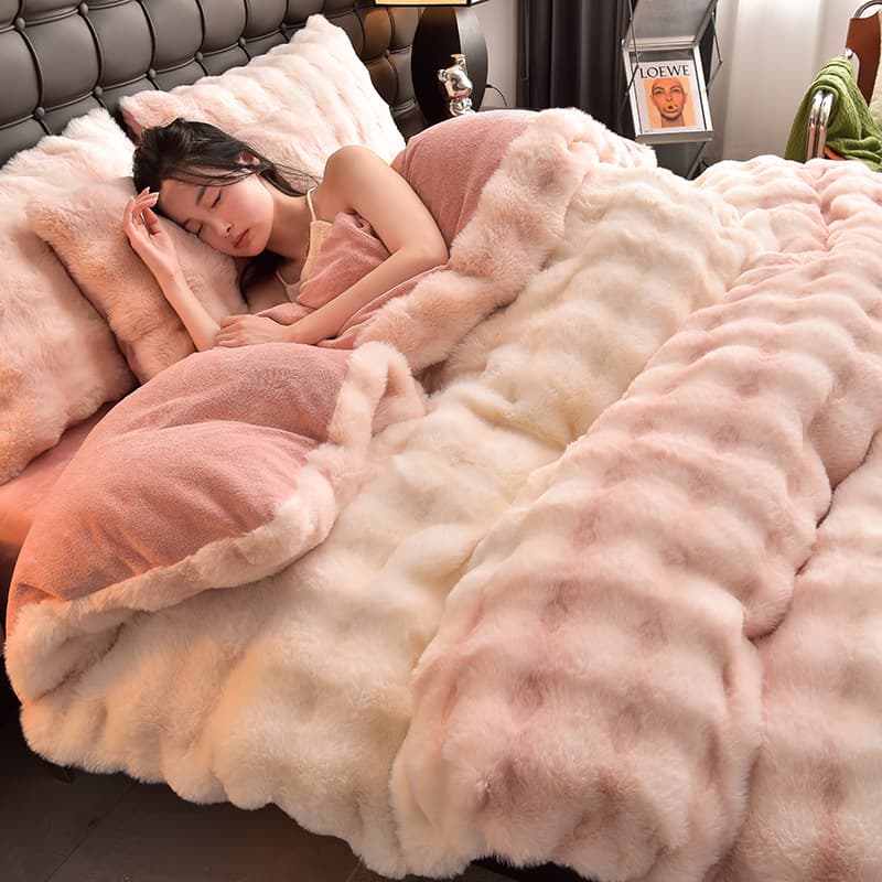 Winter Thickened Rabbit Fur Velvet 4-Piece Bedding Set, Milk Velvet Duvet Cover, Coral Fleece Fitted Sheet, Double-Sided Bed Skirt Style, Flannel