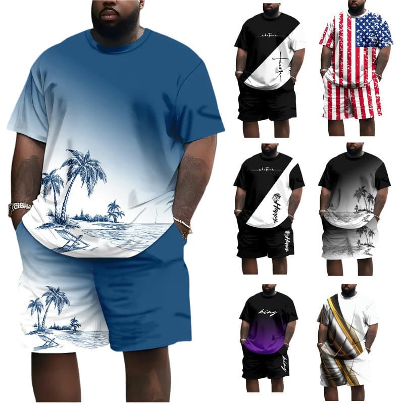 AliExpress Cross-Border European and American Fashion T-Shirt Shorts Set 3D Digital Print Street Loose Casual Beach Set
