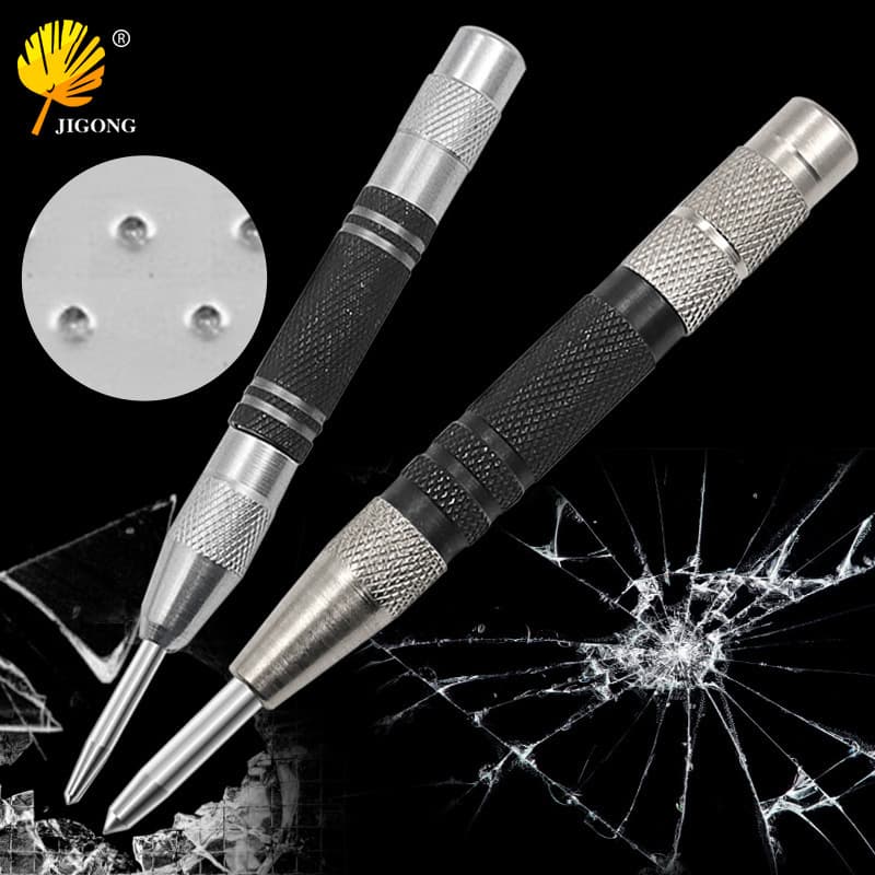 128mm/155mm Woodworking Center Punch Silver Black Automatic Center Punch Locator Glass Breaker Automatic Center Punch