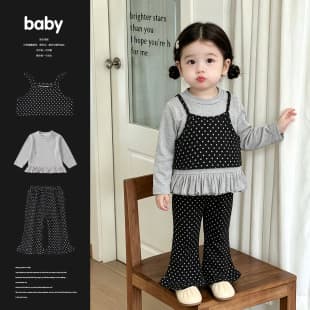 Baby Girl Autumn New Sweet Faux Layered Polka Dot Top Ruffle Slim Flared Pants 2-Piece Set