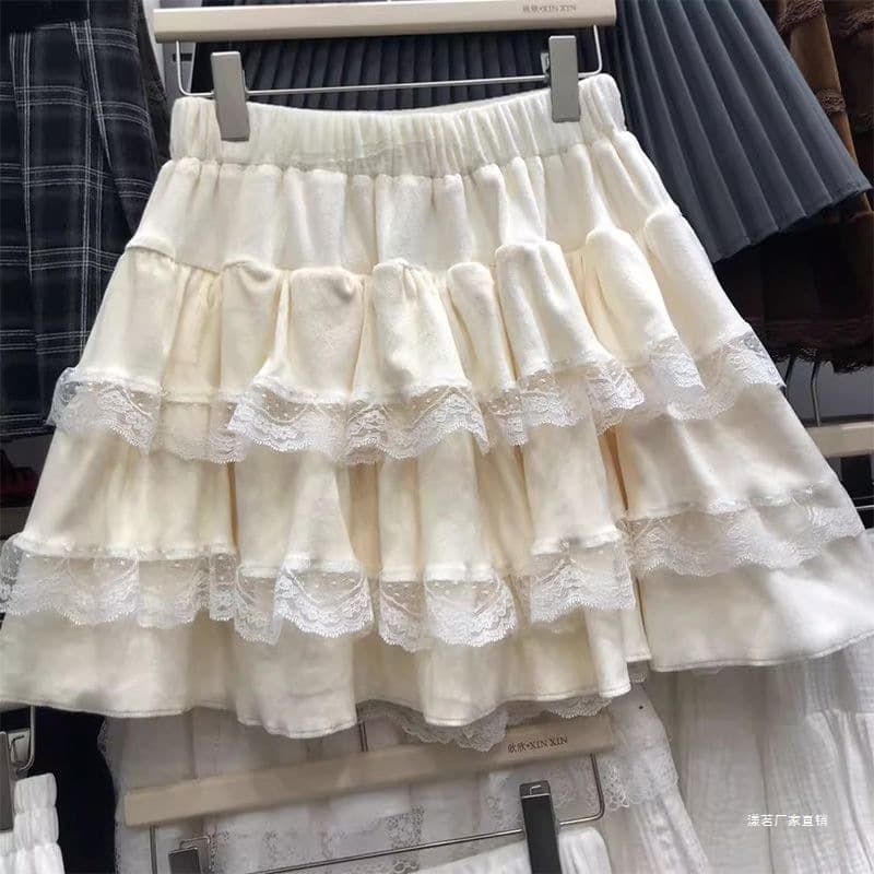 Princess Style Lace Trim Tiered Skirt Flared Skirt 2025 Spring/Autumn New Anti-Peek with Lining Short Skirt