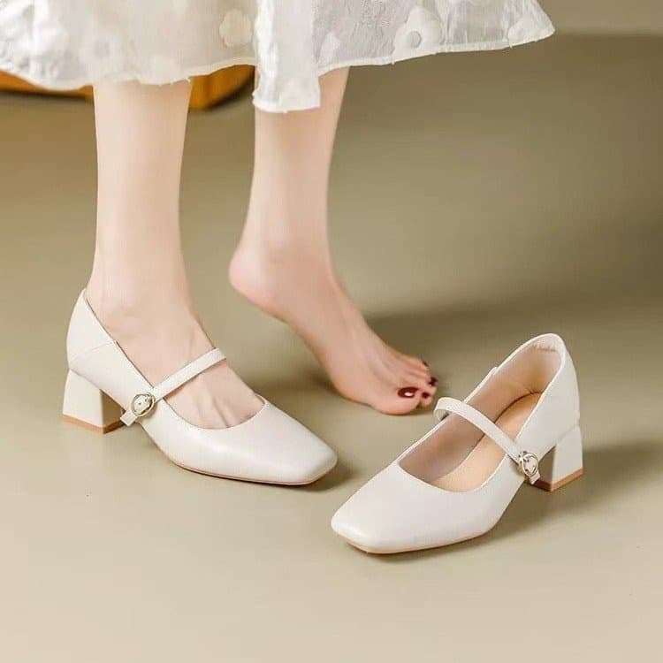 White Leather Shoes French Style 2026 New Spring Cheongsam Chunky Heel Mary Jane Shoes with Buckle Strap