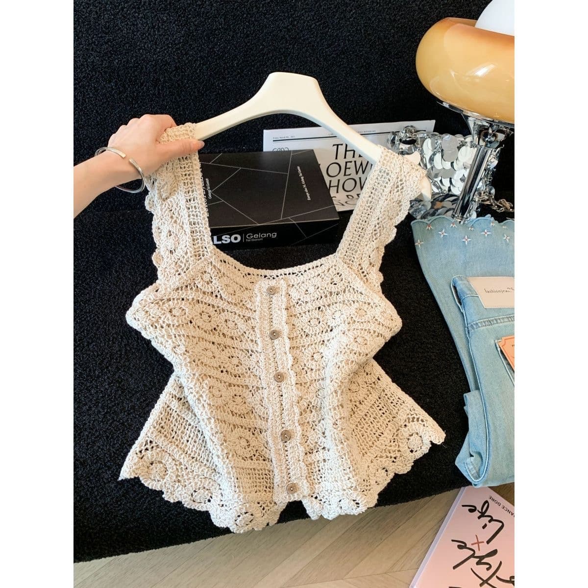 New Summer Seaside Vacation Style Square Neck Crochet Hollow Knit Camisole Vest Loose Slimming Versatile Sleeveless Top