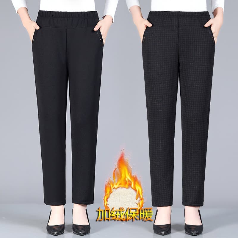 Middle-aged and elderly women's trousers, fleece-lined, thickened, elasticated, high-waisted, for seniors, grandmothers, loose-fitting, straight-leg trousers for mothers.