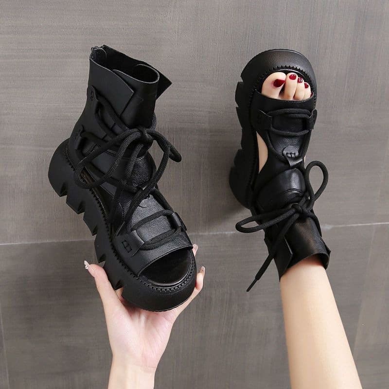 2026 Hollow Women's Summer Boots New Arrival Breathable Genuine Leather Roman Sandals for Women Thick Sole Height Increase