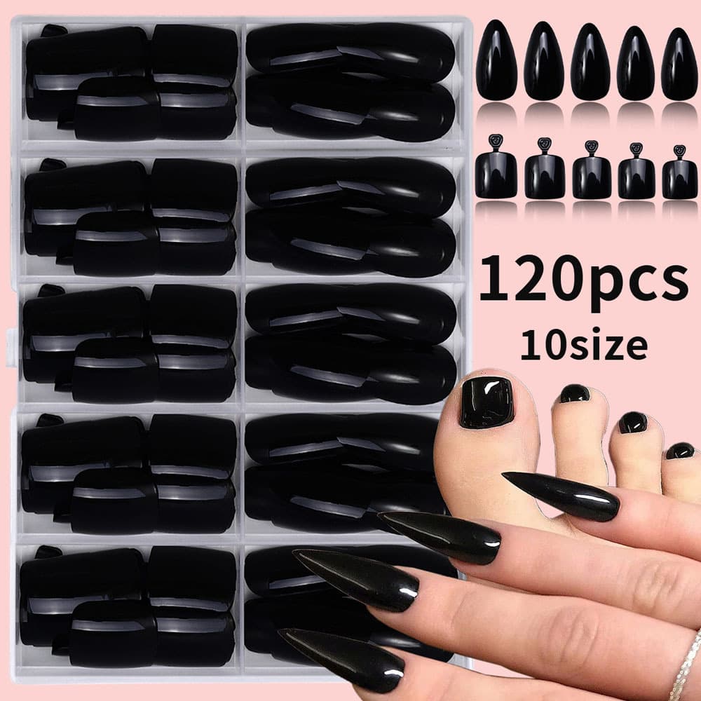 120 Pieces Hand and Foot Wearable Nail Art Tips Summer Medium-Long Mixed Glossy Black Toenails Premium Nail Tips