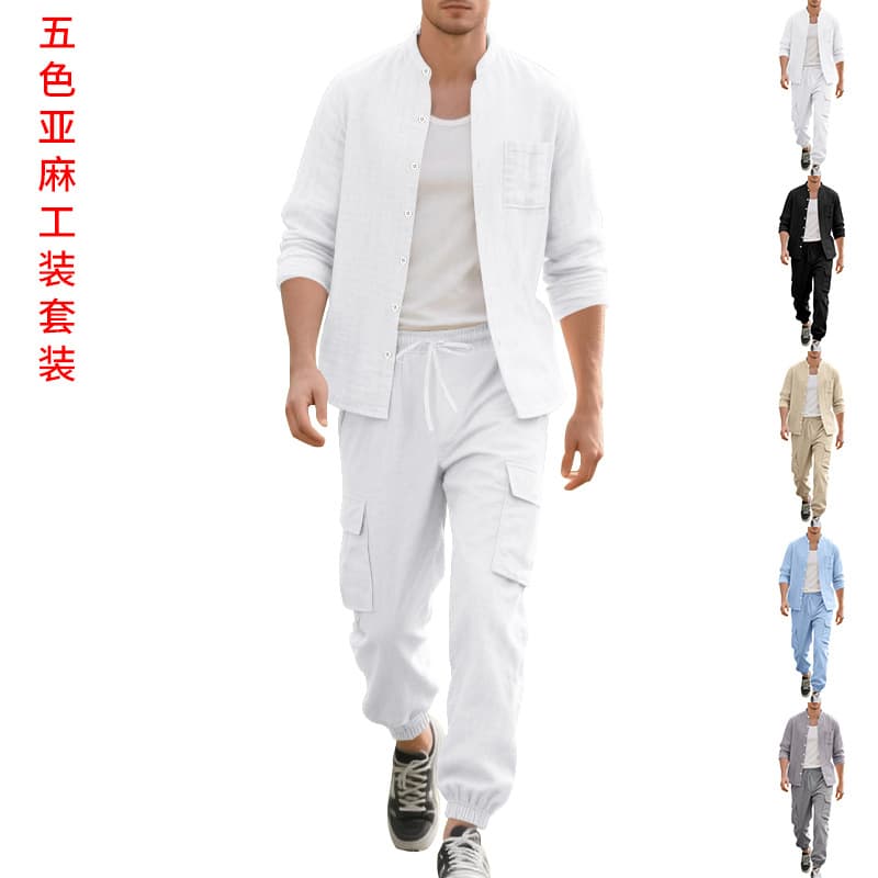 European and American Amazon men's loose linen simple casual long-sleeved shirt stand-up collar suit workwear linen trousers