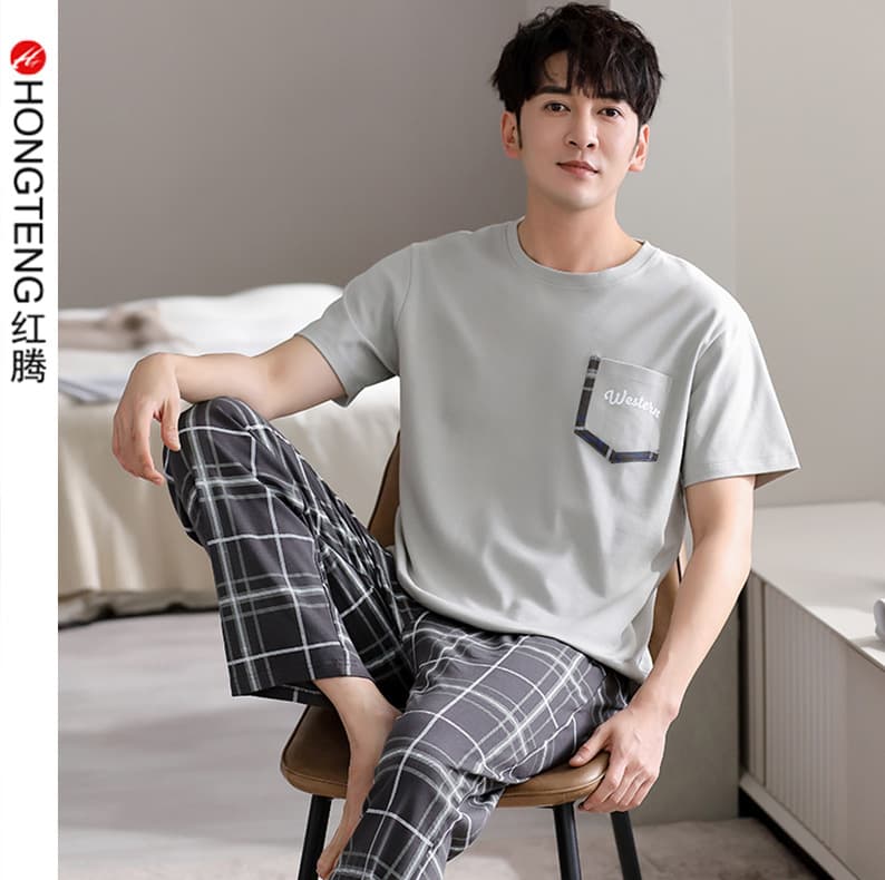 Summer Casual Plus Size Cotton Men's Pajamas Short Sleeve Trousers, Suitable for Middle-Aged and Young People, Outdoor and Home Wear, Round Neck Suit for Men