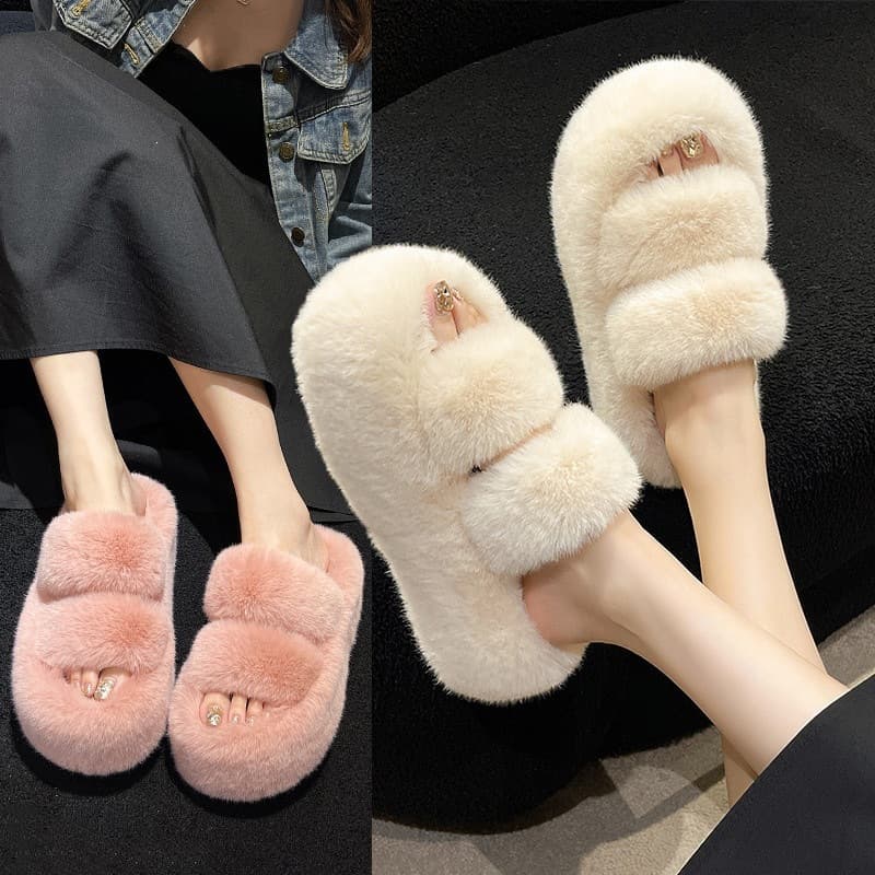 Cross-border Wholesale Thick Sole 7cm Furry Slippers for Women, Autumn/Winter Outdoor Wear, Large Size, Warm, Non-slip Cotton Slippers