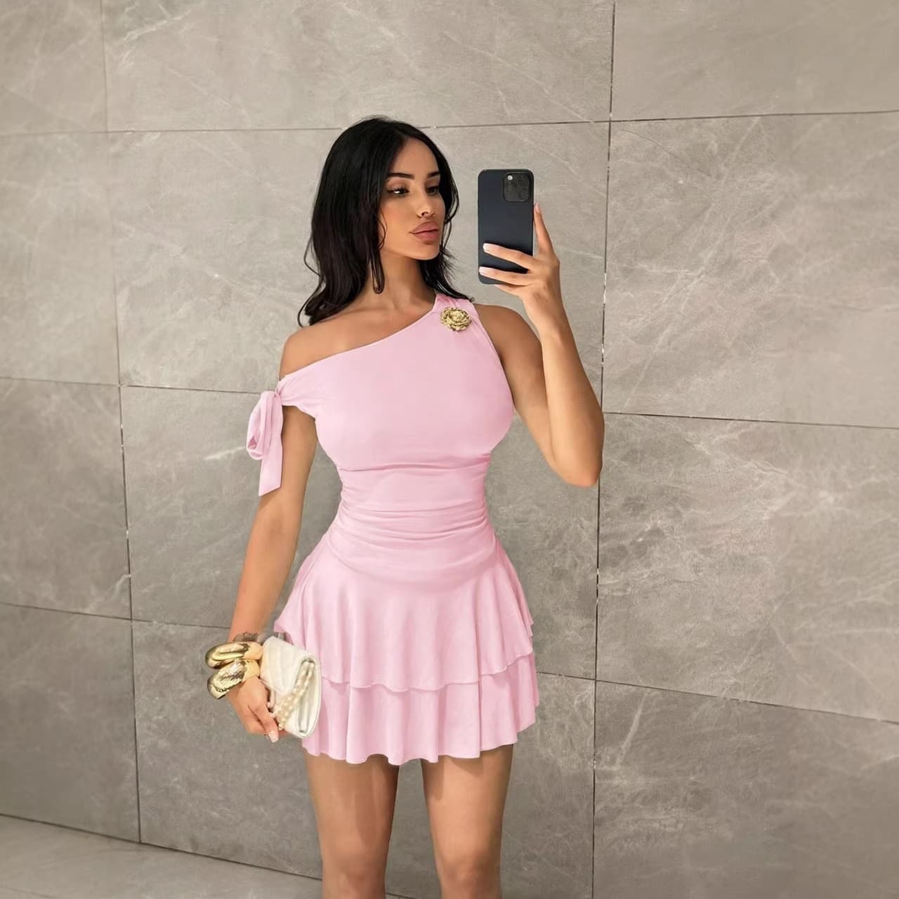 Summer new temperament slanted shoulder ruffled pink dress European and American cross-border unique design niche slim skirt
