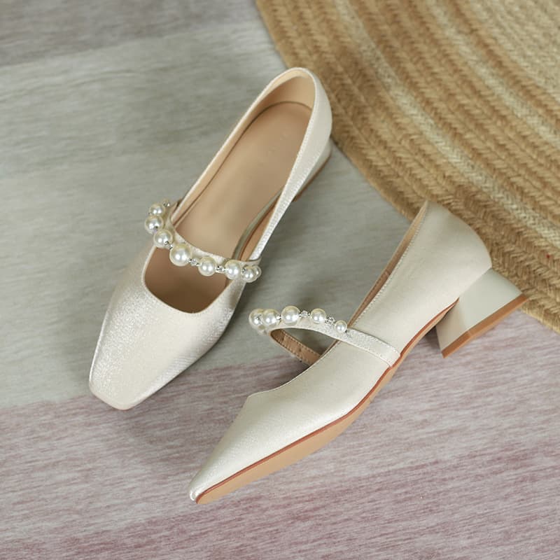 Fuhua Women's Chunky Heel Shoes New Spring 2022 Pearl Strap Leather Belt Satin Square Toe Low Heel Casual Shoes