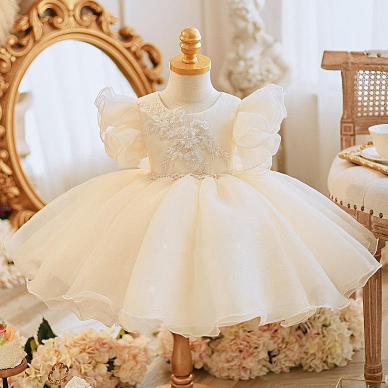 Light champagne color children's one-year-old dress, puffy gauze princess dress, light luxury niche, fashionable baby girl birthday dress