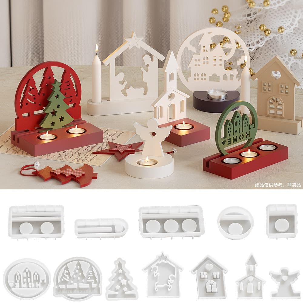 DIY Epoxy Resin Plaster Halloween Castle House Angel Christmas Tree Single Hole Double Hole Triple Hole Candle Holder Silicone Mold