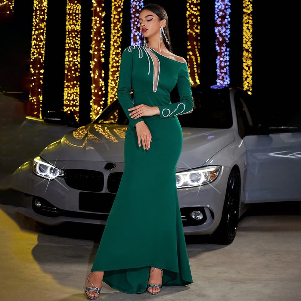 Cross-Border Autumn Winter New European and American Fashion Dress Sequin Spliced Slim Fit Bodycon Party Long Sleeve Long Evening Gown