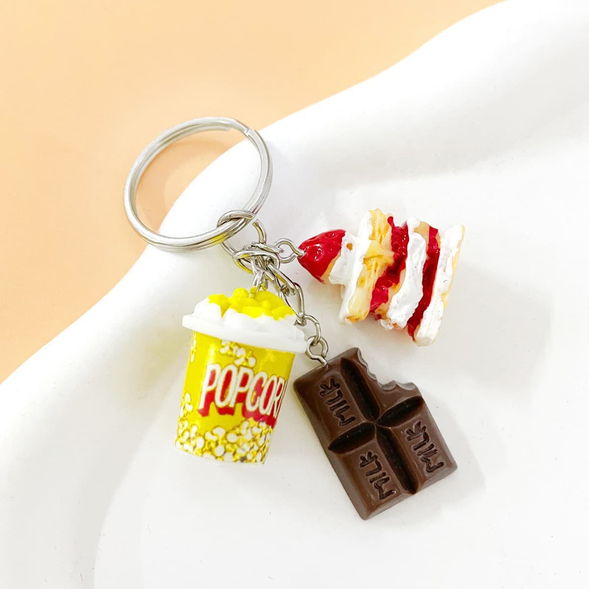 Cute Keychain Popcorn Chocolate Strawberry Cake Key Ring Bag Charm Accessory for Cross-Border E-Commerce
