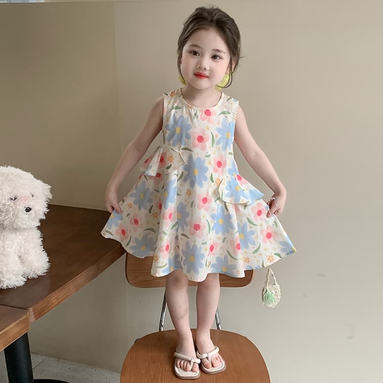 Girls Summer Dress 2025 New Arrival Children's Fashionable Floral Print Sleeveless Lightweight Cotton Dress
