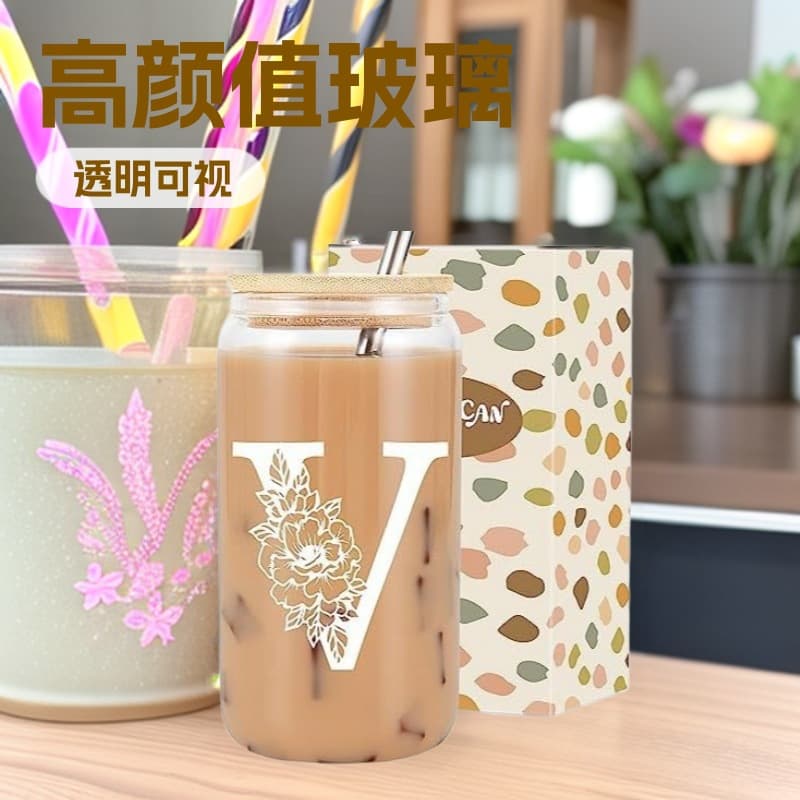 Ins-style Glass Water Cup, High-Aesthetic Coffee & Juice Cup, Portable Milk Tea Straw Cup, Office Coffee Cup
