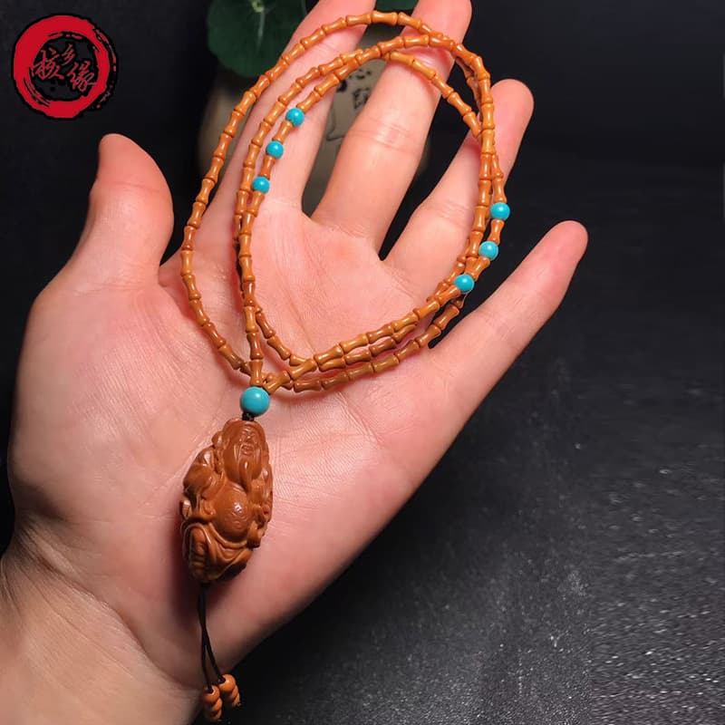 Olive Pit Carved Bamboo Joint God of Wealth Necklace, Convertible to Bracelet, Accessory for Collectibles