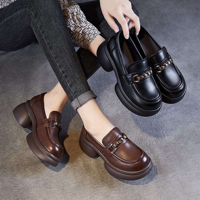 British Retro Brown Leather Shoes for Women, 2024 New Style Mid-Cut Flats Platform Loafers with Medium Chunky Heel Women's Shoes