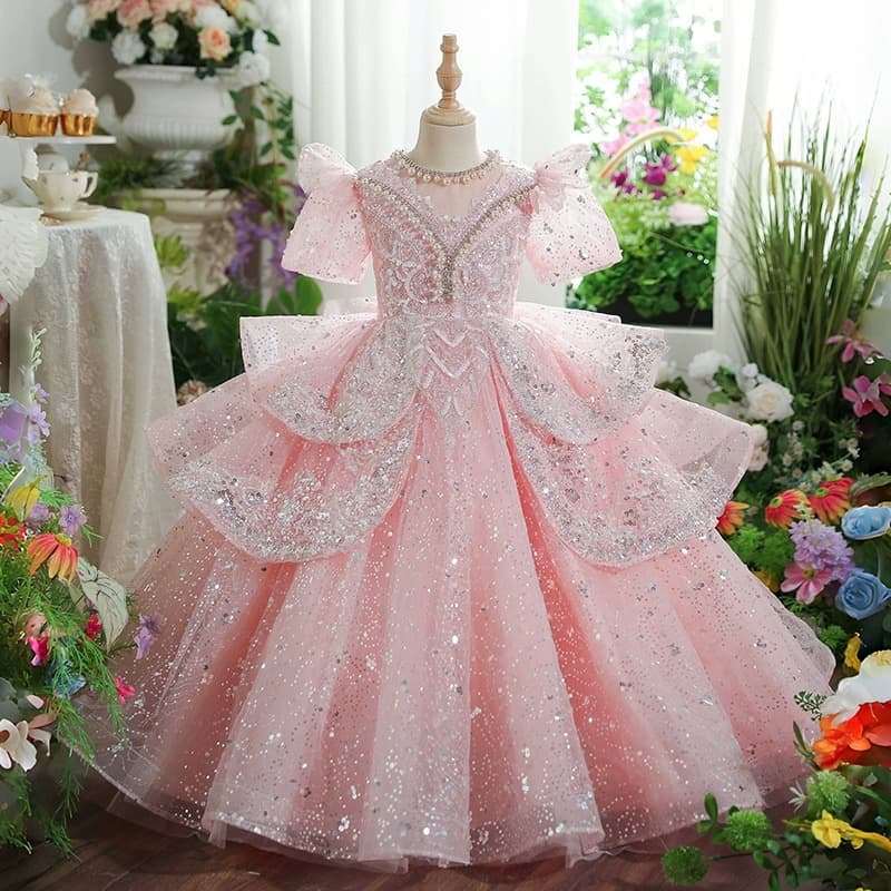 French Chic Girls' Birthday Princess Dress Pink Children's T-Runway Show Little Host Performance Gown