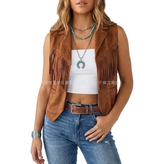 Women's Tassel Vest 70s Hippie Vest Faux Suede Vest Sleeveless Cropped Vest Open Cardigan Tassel