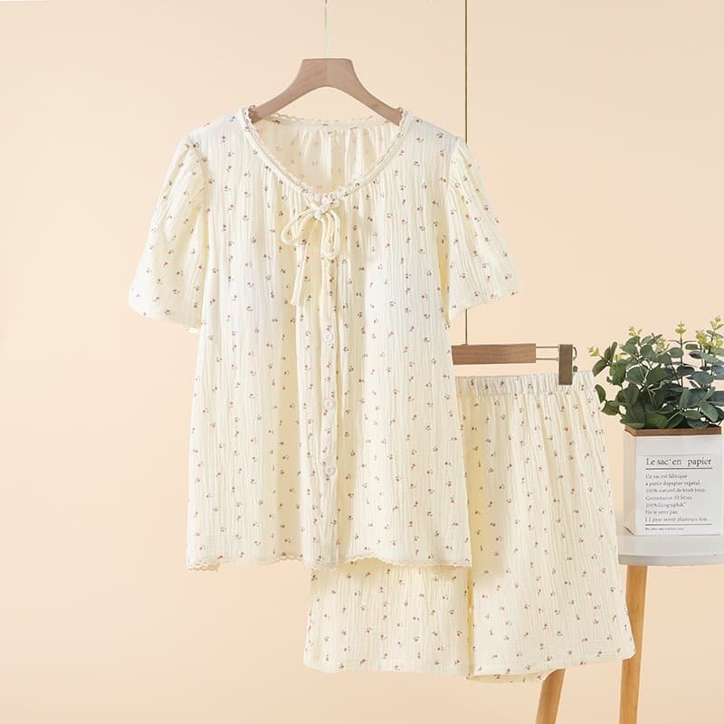 Women's Pure Cotton Crepe Sleepwear Summer Thin Full Cotton Double-Layer Cup Small Floral Crepe Fabric Round Neck Short Sleeve Shorts Set
