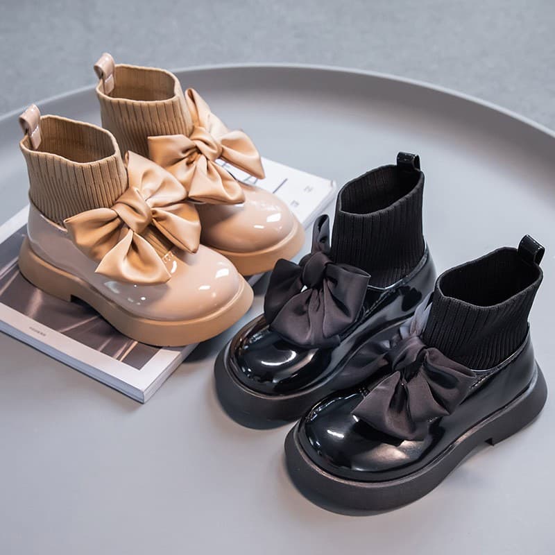 Girls Sock Shoes 2026 Autumn New Style Little Princess Shoes Black Leather Shoes Toddler Single Shoes Korean Style Short Boots