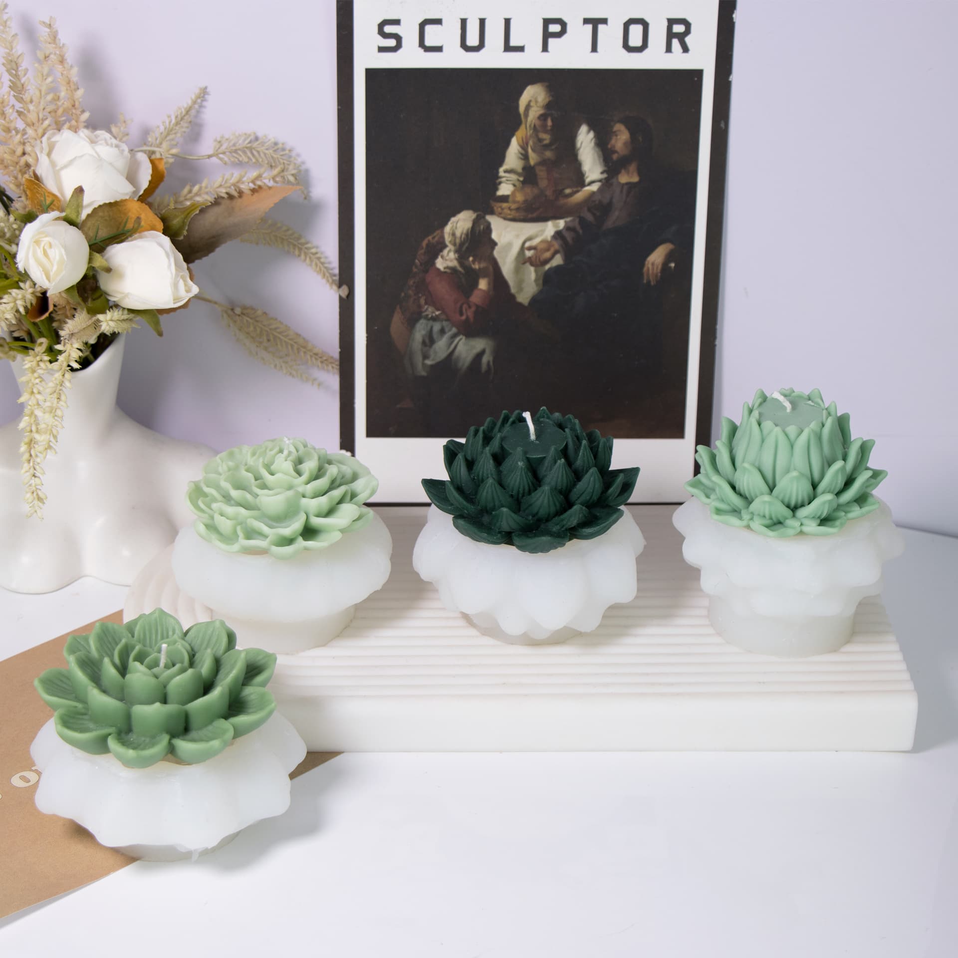 4 Blooming Lotus Scented Candle Mold DIY Simulation Flower Resin Clay Craft Ornament Silicone Mold