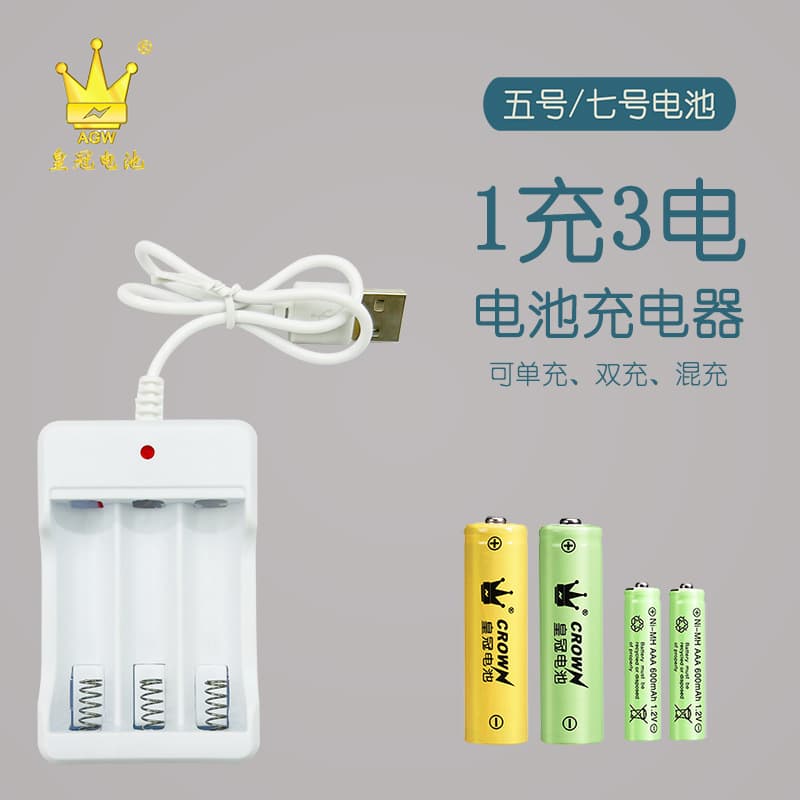 Three AA/AAA rechargeable batteries for toy electronic keyboards, with a USB cable and 3-slot charger.