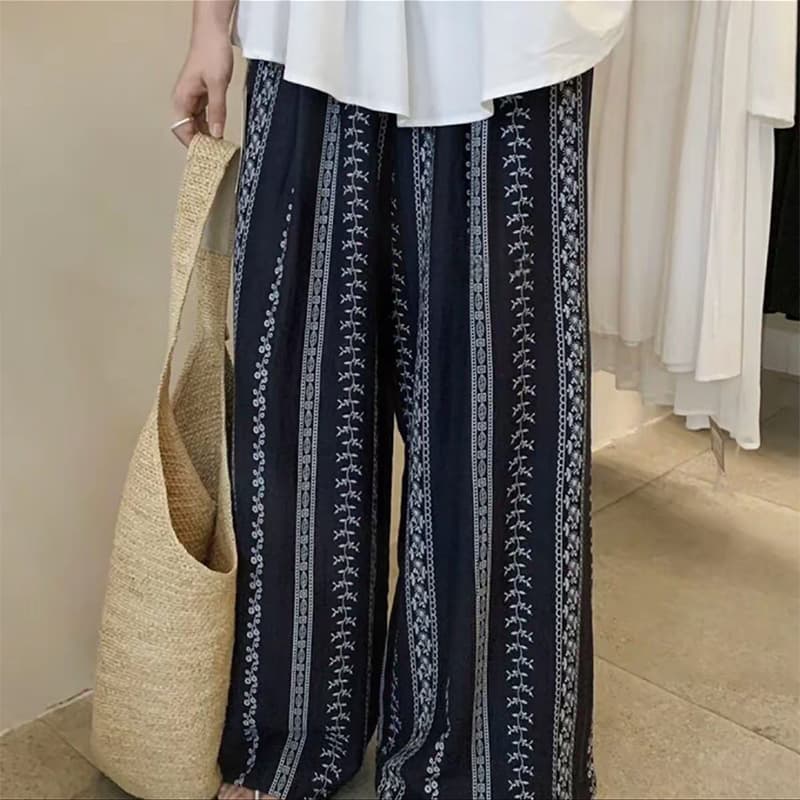 Qing Dai Home Cotton Mulberry Silk Sleep Pants Beach Nine-Tenths Plus Size Loose Casual Wide-Leg Pants High-Waist Walking Pants