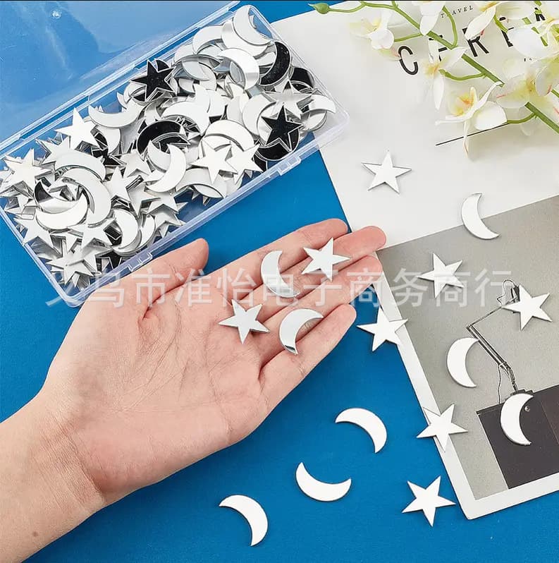 Cross-Border Stars Moon 100-Piece Creative Nordic Cartoon Raindrop Mirror Wall Stickers DIY Cartoon Self-Adhesive Mirror Decals