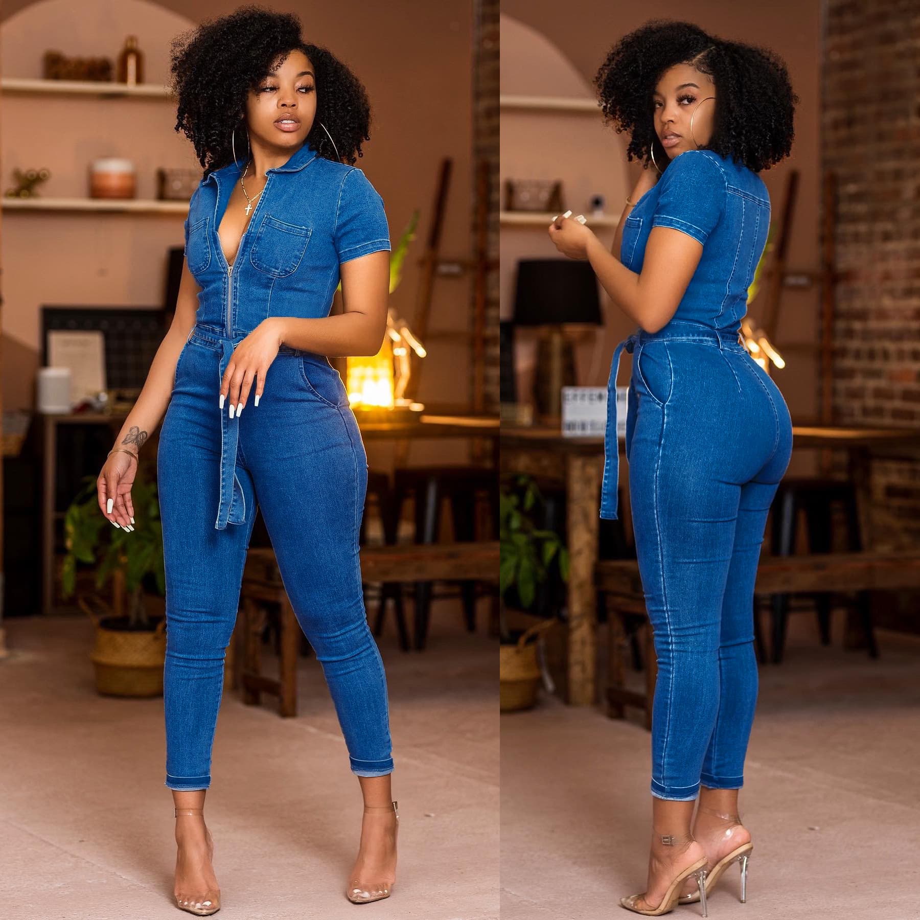 European and American Solid Color Jumpsuit for Women, Amazon Cross-Border Best-Selling Washed Fashionable Short-Sleeve Denim Long Pants