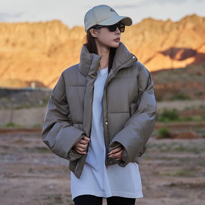 Central Europe and America New Short Style Small Stand Collar Down Cotton-Padded Jacket Women's PU Leather Thickened Cotton-Padded Jacket Fashion
