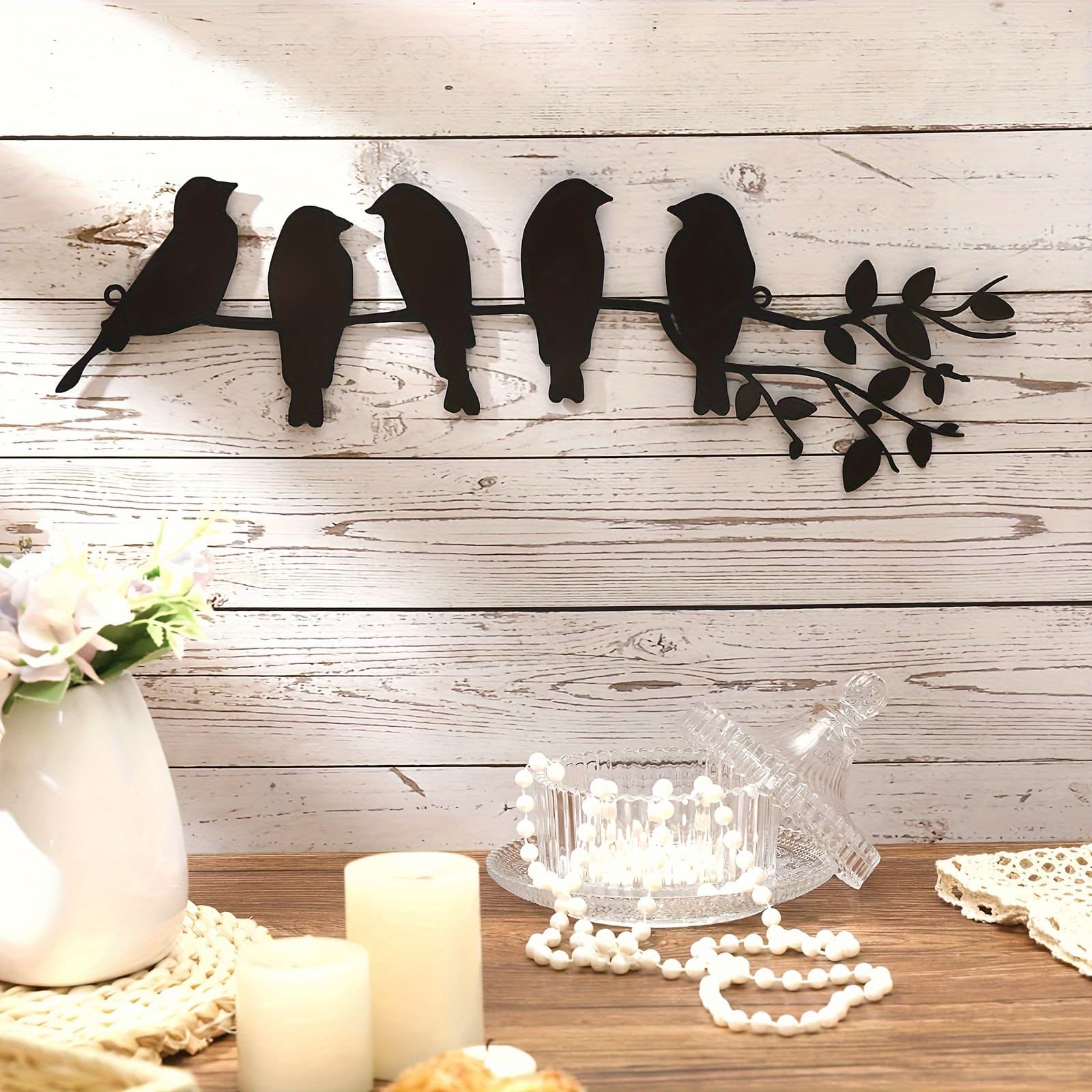 Metal Bird Wall Art 5 Birds on Branch Wall Decoration Leaf Sculpture Bird Silhouette for Cross-Border Independent Station